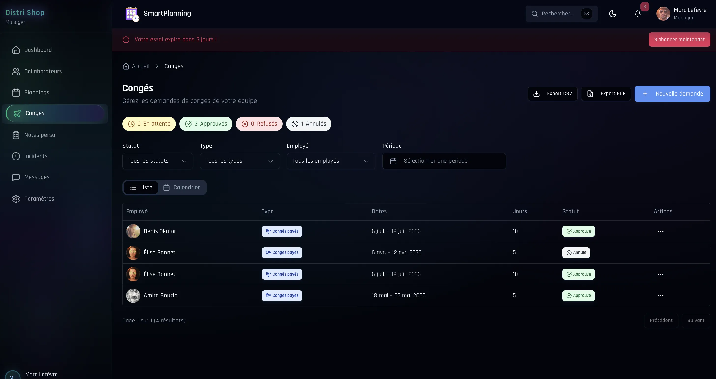 Interface de gestion des congés SmartPlanning : liste filtrée avec statuts approuvé, annulé et en attente