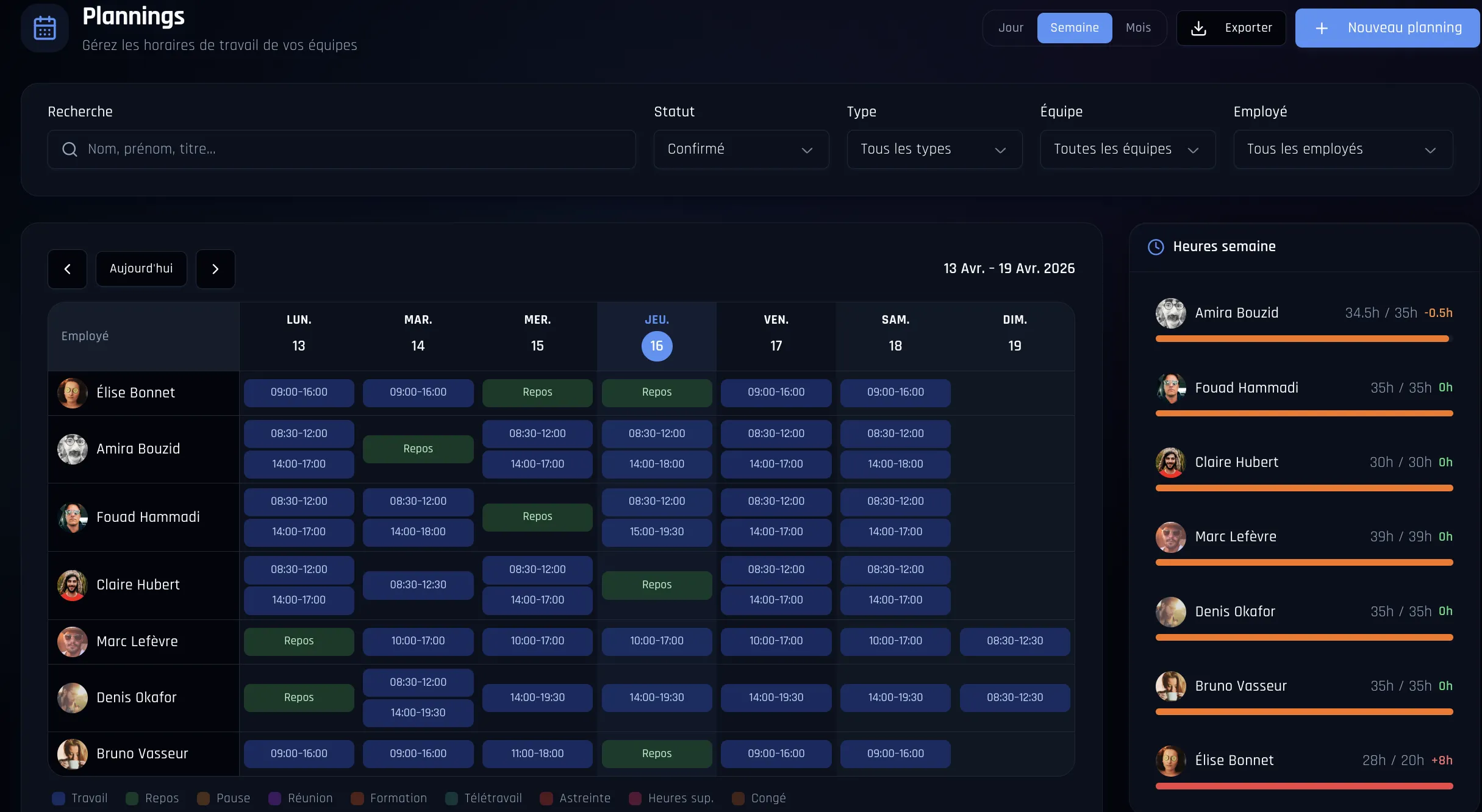 Vue planning hebdomadaire SmartPlanning : grille horaire avec créneaux drag & drop et heures semaine