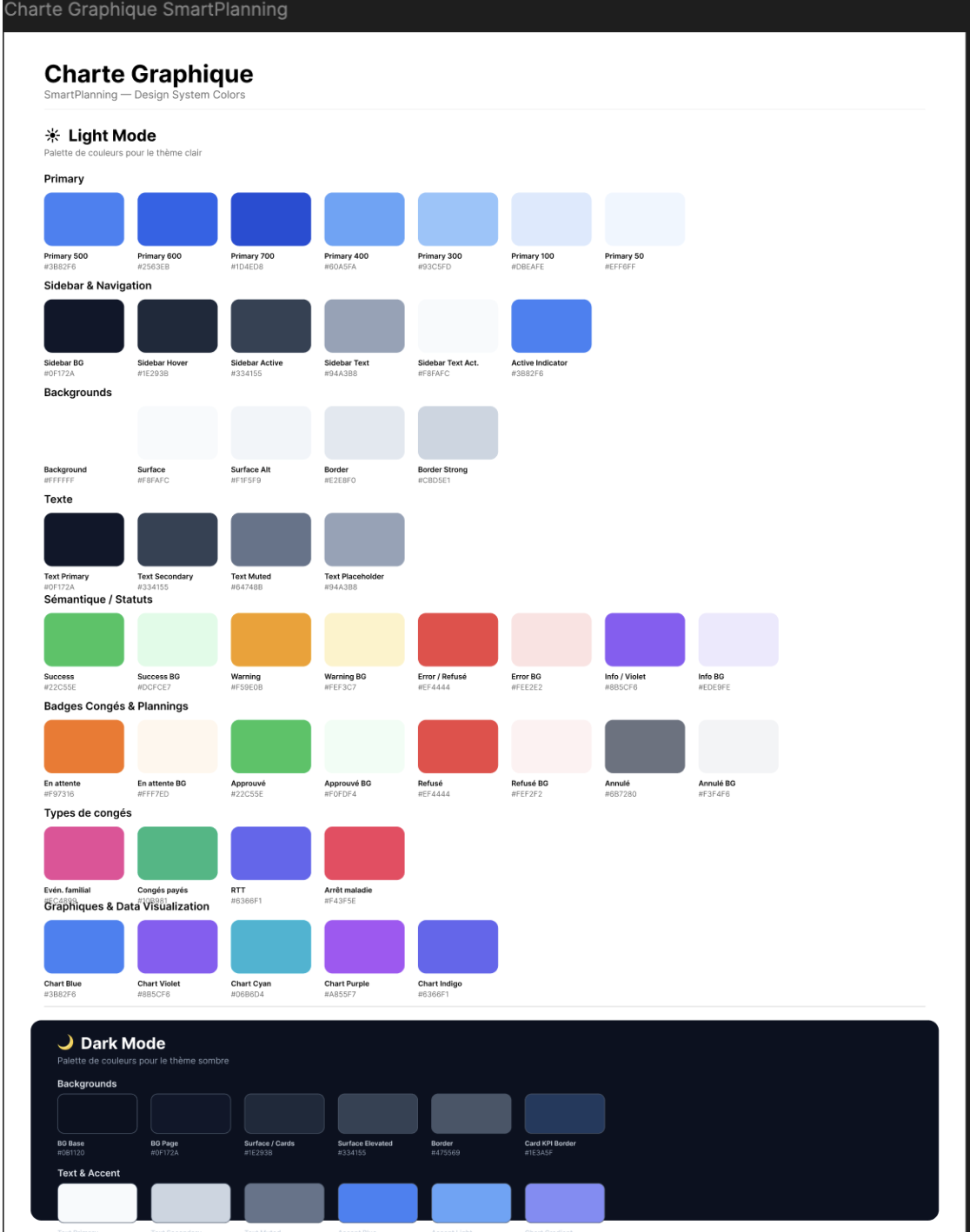 Charte graphique SmartPlanning — palette de couleurs complète en modes clair et sombre