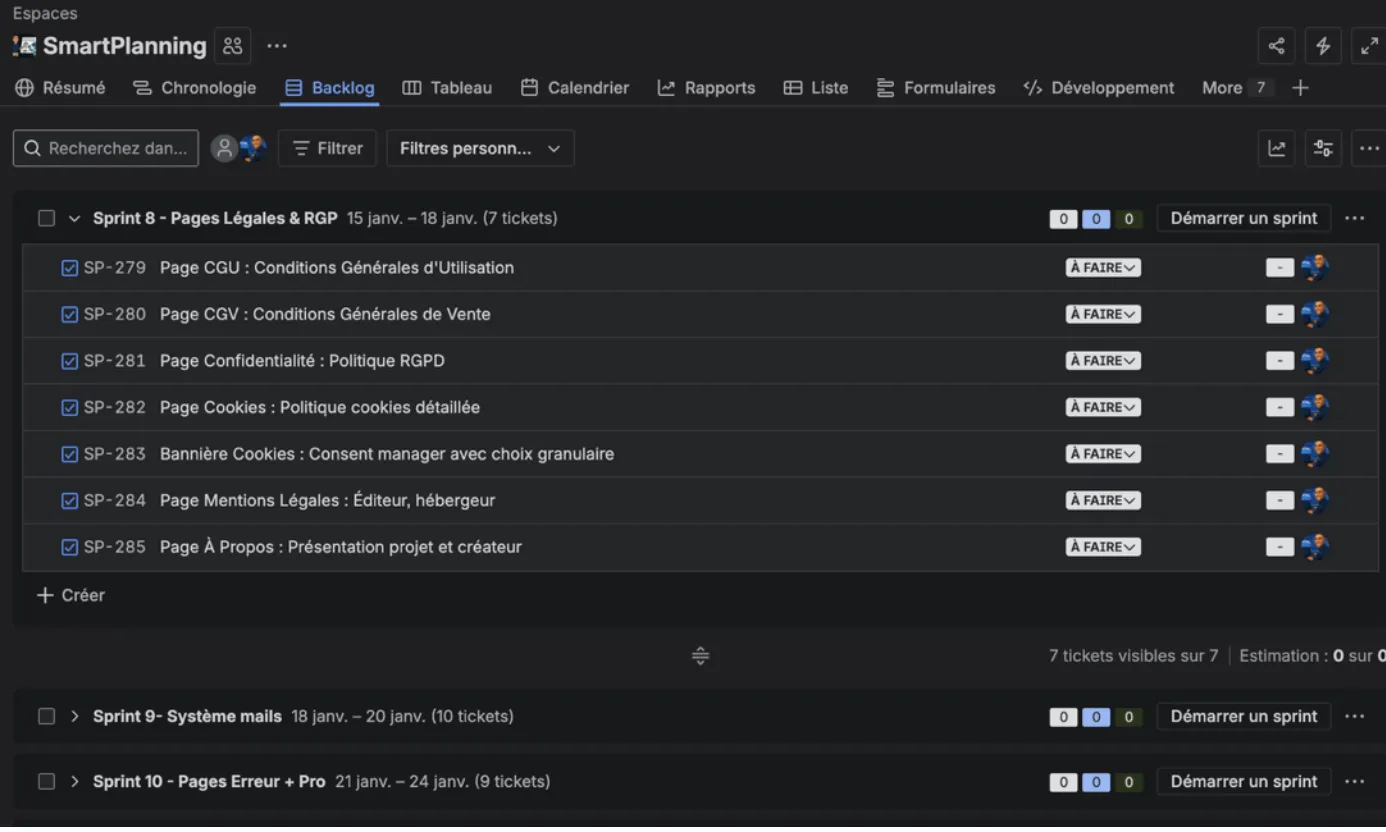 Vue Backlog Jira avec la liste des sprints thématiques et leur avancement