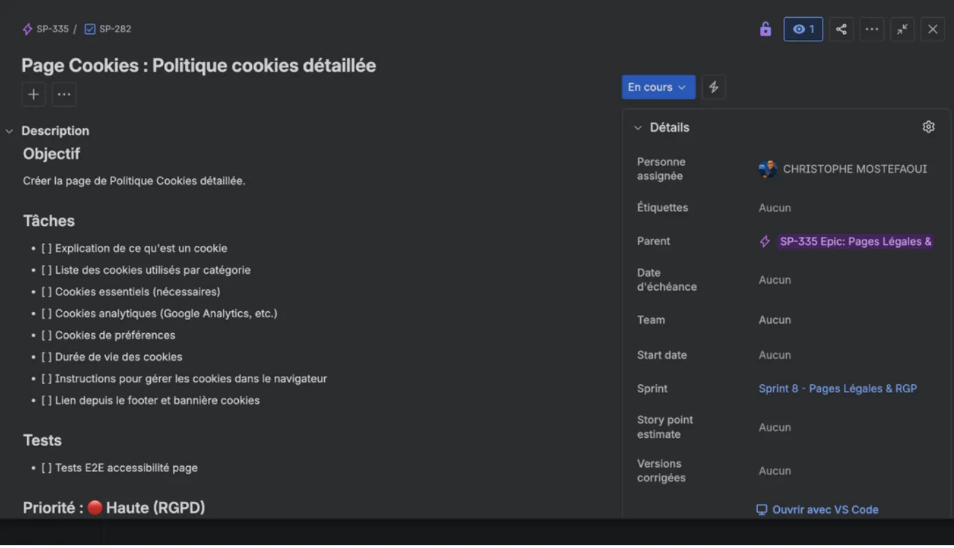 Détail d'une story Jira avec description, tâches, tests et priorité