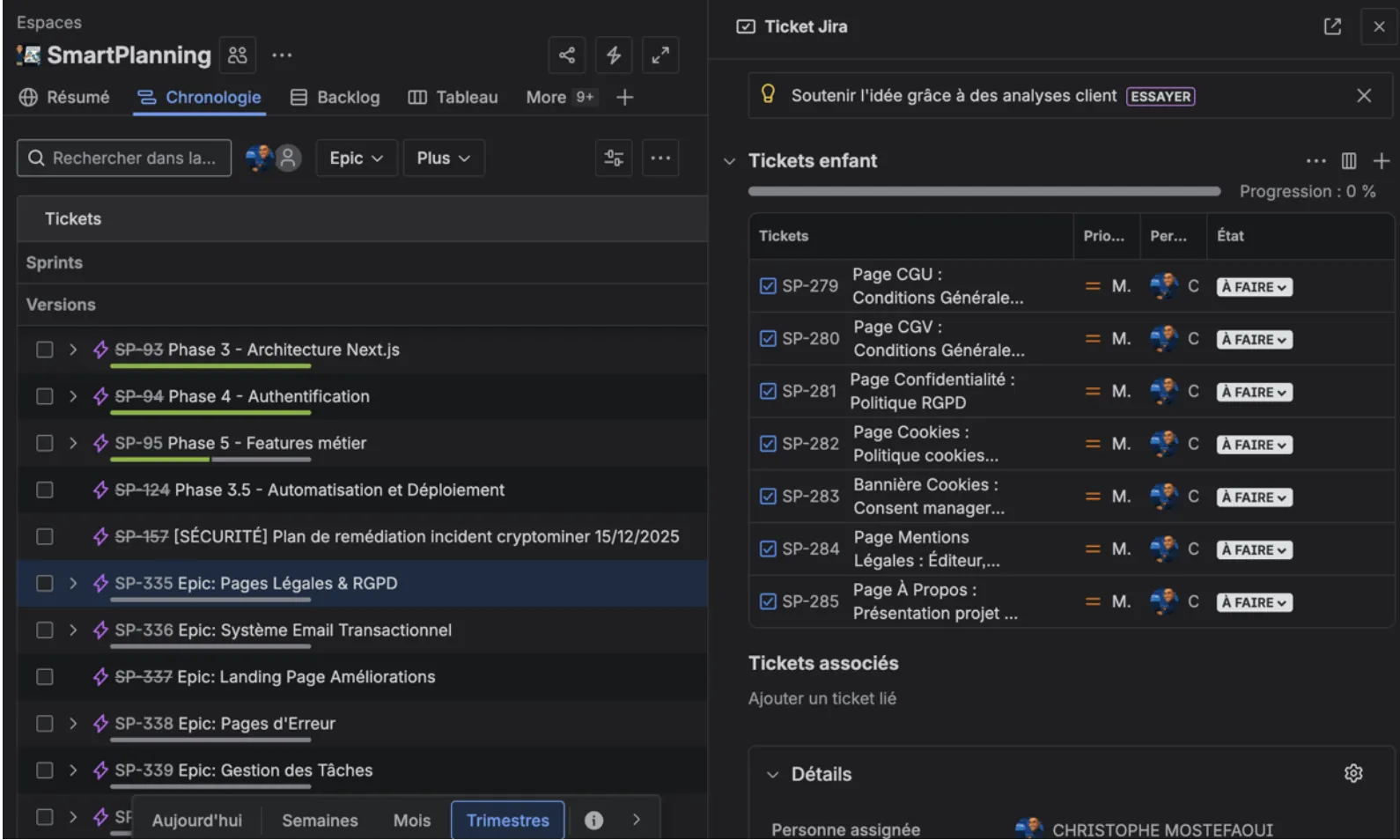 Vue Chronologie Jira : timeline des phases et tickets du projet SmartPlanning