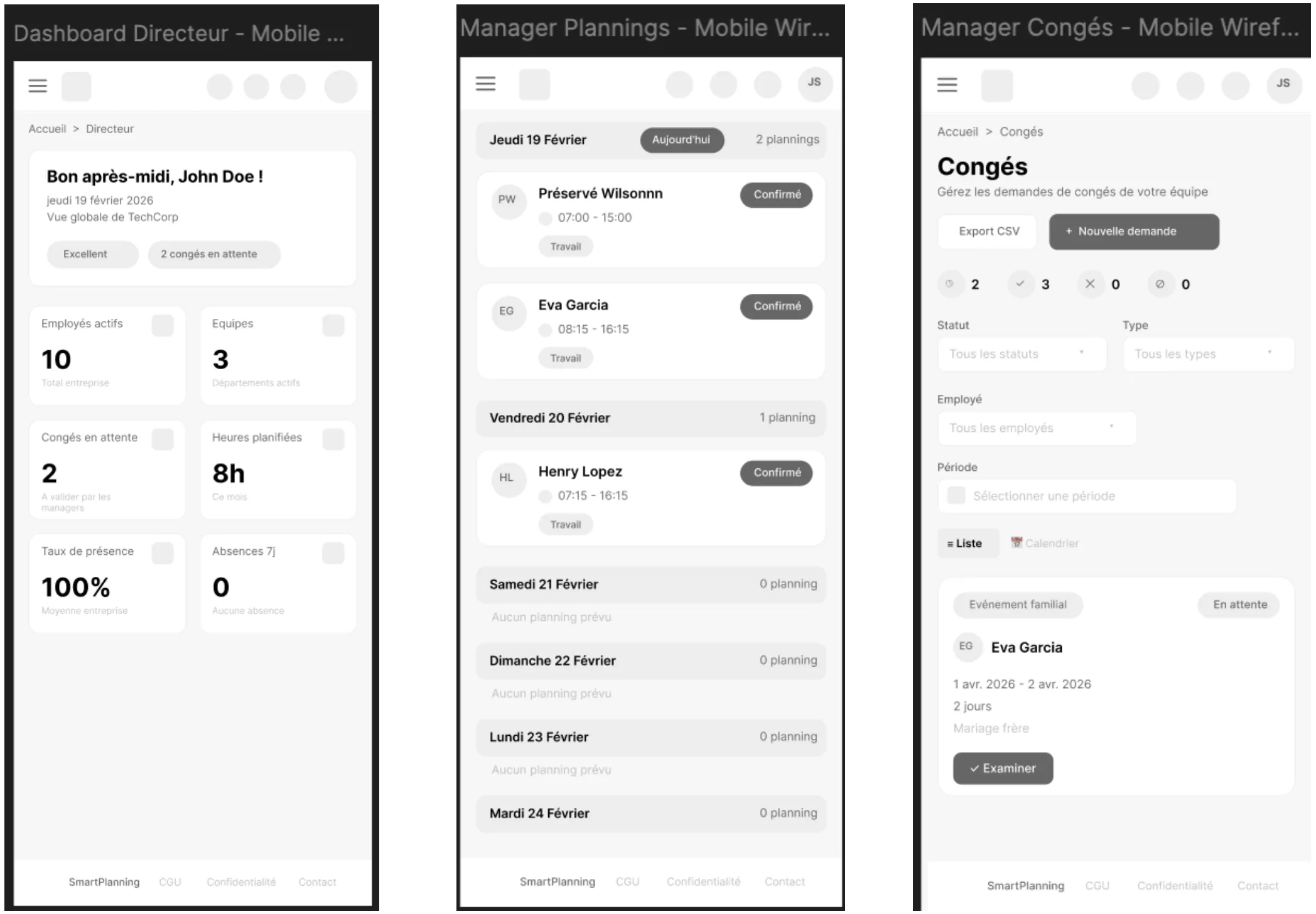 Wireframes mobiles : dashboard directeur, planning manager et gestion des congés