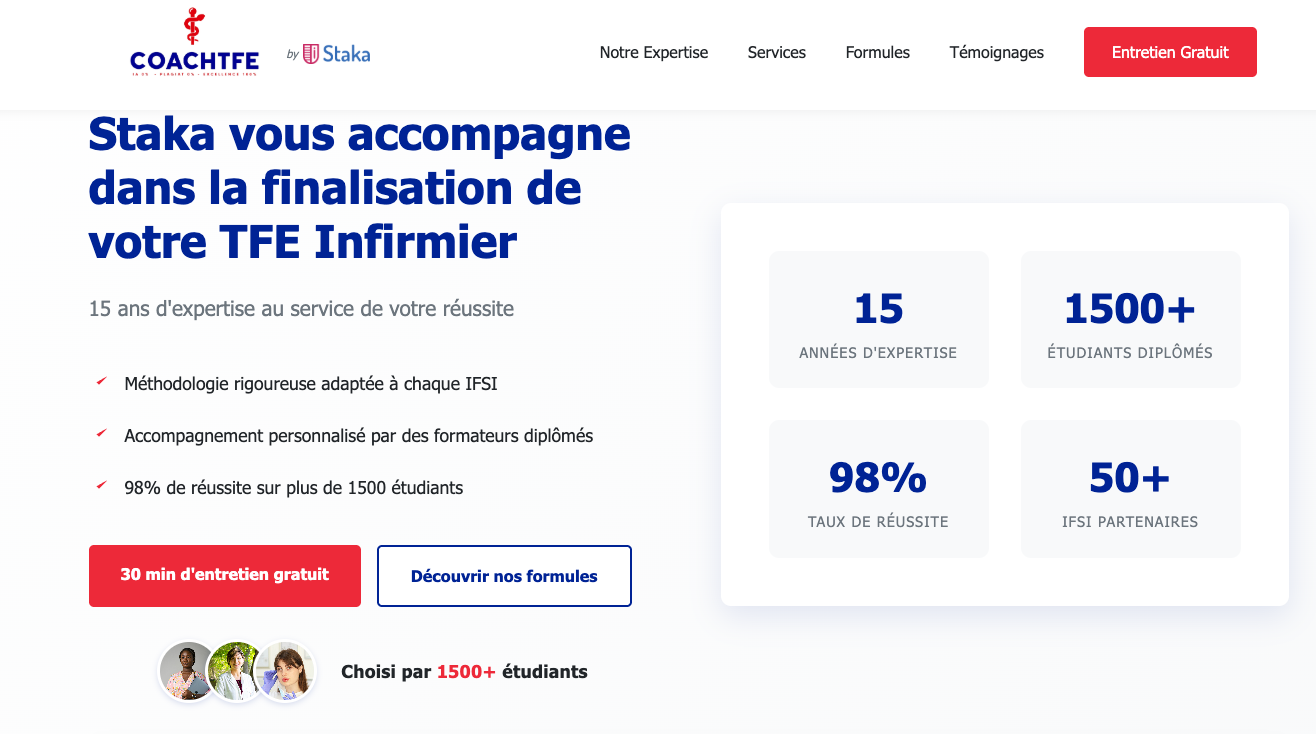 Capture d'écran de CoachTFE — Guide en ligne pour la réussite du TFE infirmier