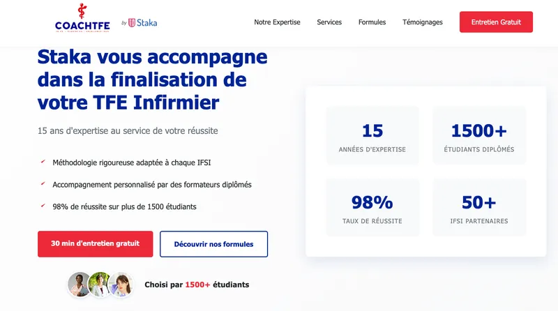 Capture d'écran de CoachTFE : Guide en ligne pour la réussite du TFE infirmier